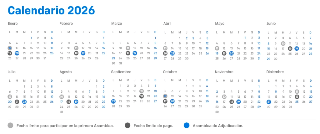Calendario completo asamblea de adjudicación pc 2026